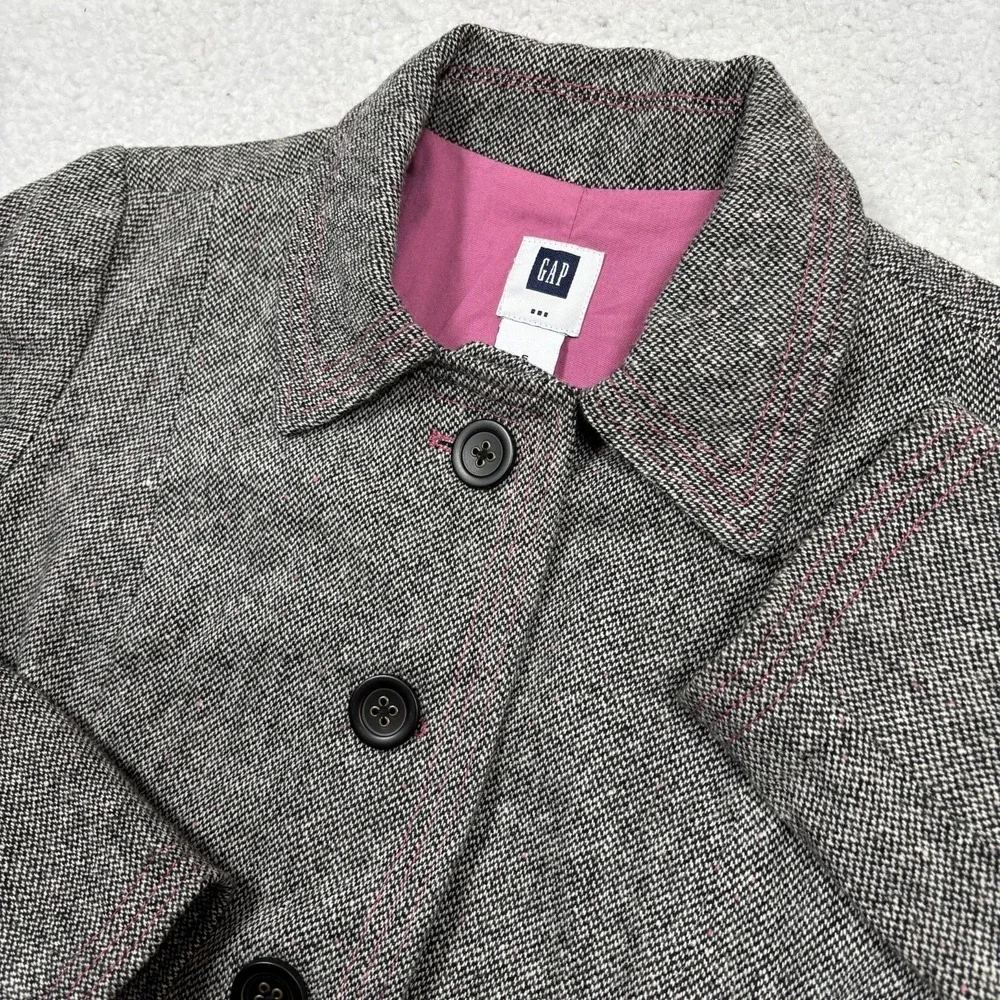 Gap Wool Blend Tweed Jacket‎ Coat Womens 6 XS Black Houndstooth Pink Speckles